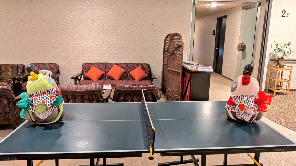 一里野高原ホテルろあんの卓球台　LOVOTまめりんごとモーリちゃんが卓球してる